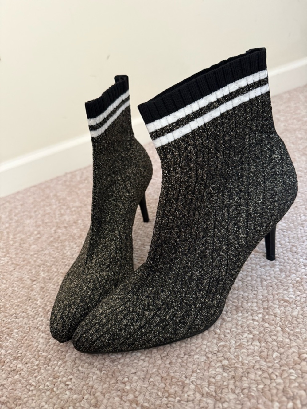 Stuart Weitzman Black Knit Sock Ankle Booties with White Stripes
